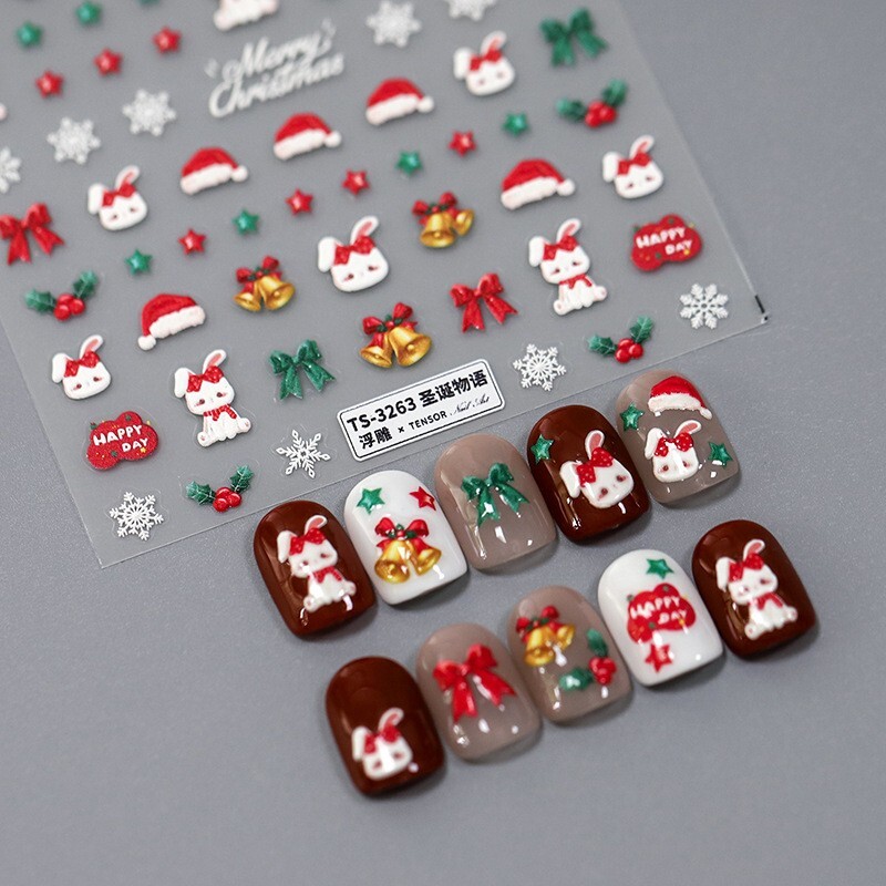 Christmas Bunny Nail Stickers, Holiday Designs Nail Decals, Holly Leaves (395)