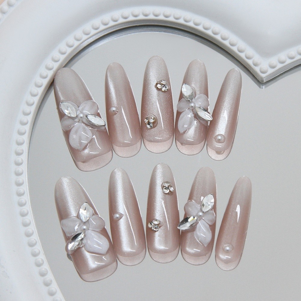 Cat Eye Gradient Press On Nails Featuring Pear Blossom Glitter Accents
