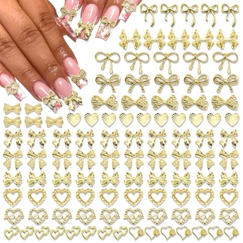 110Pcs Bow Heart Nail Charms Gold 3D Metal Bow Charm for Nails Flatback Heart