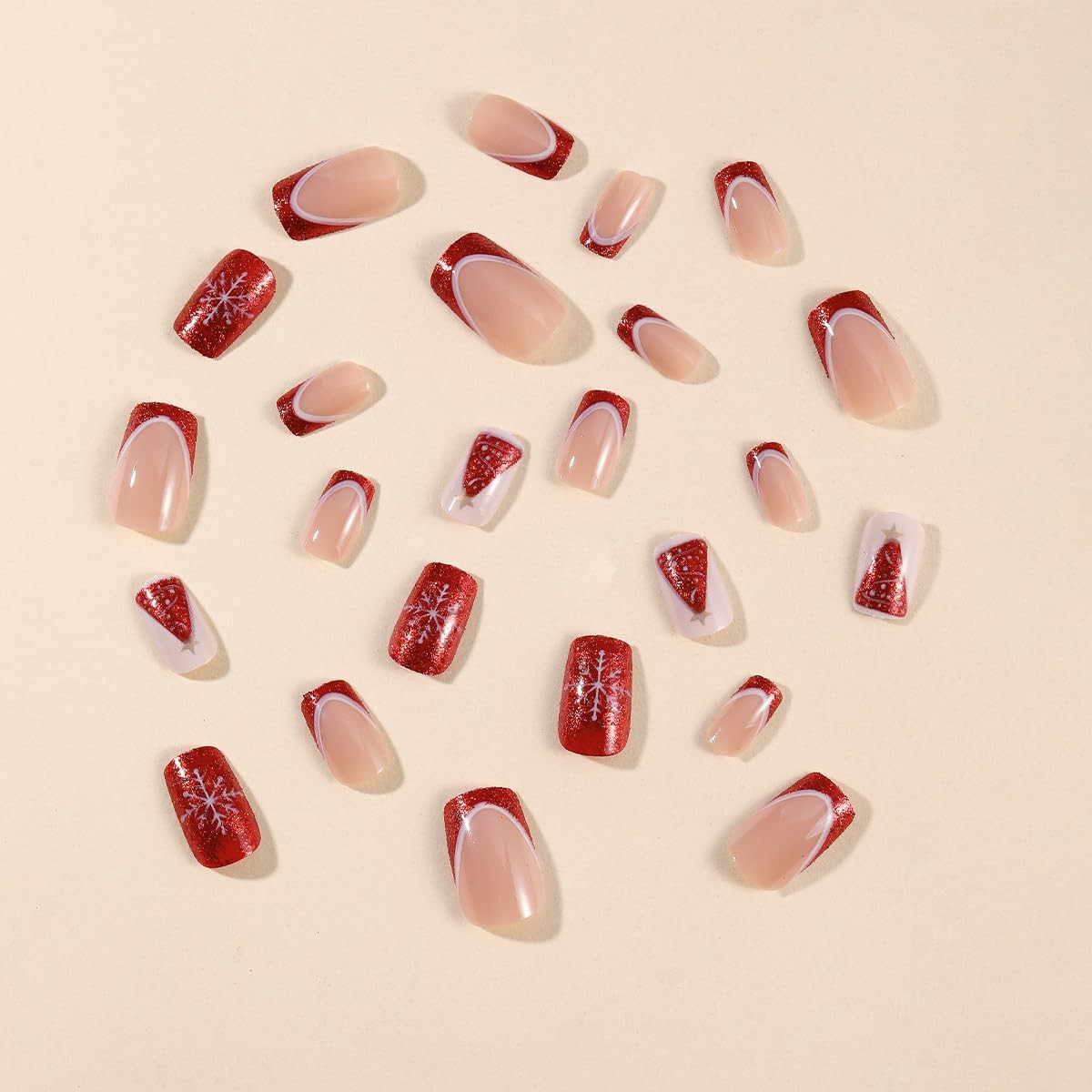 Christmas Press on Nails Red French Tip Fake Nails White Snowflake False Nail…