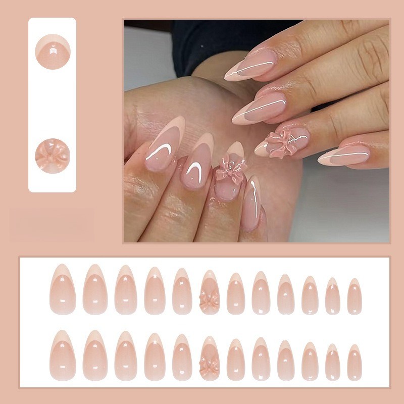 48P-Nude Almond Press on Nails Pale Pink French Tip 3D Pink Bow Sweet Fake Nails