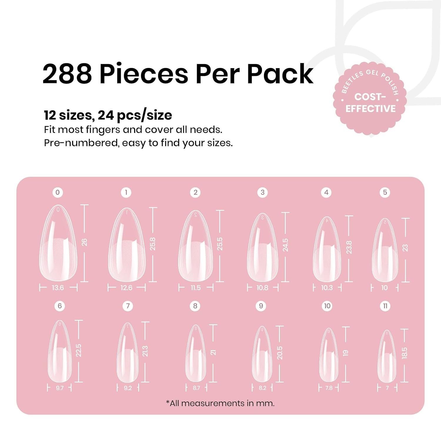 Beetles Gel Nail Tips Medium Almond 288 PCS Half Matte Full Cover Press On