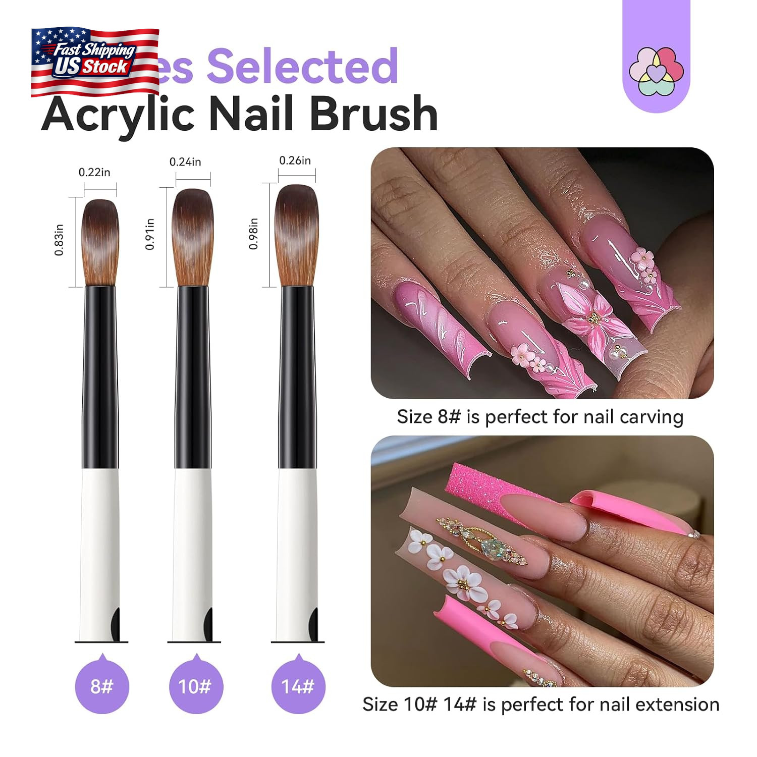 Saviland 3Pcs Acrylic Nail Brush Set, Size 8/10/14 Kolinsky Acrylic Nail Brushes