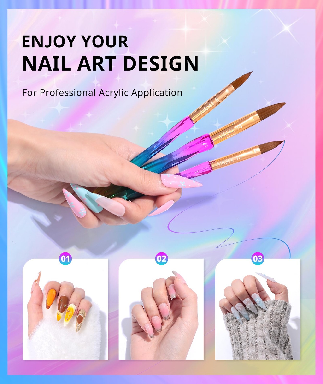 AIRSEE 3PCS Acrylic Nail Brush Set Size 8/10/14 Professional for Rainbow