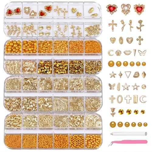 Gold Nail Charms Kit, CDCRX 8 Boxes 3D Nail Art Decorations with Gold Studs,