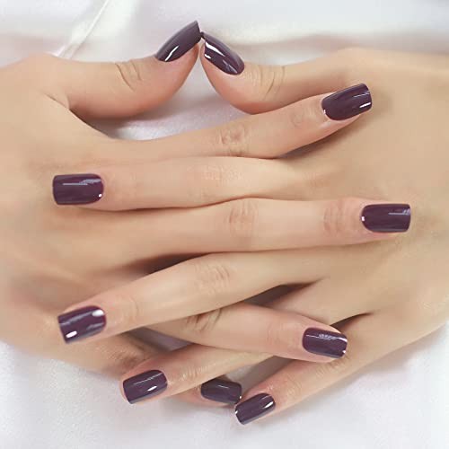 Glossy Press on Nails,Short Squoval False Nails,Beauty Solid Color Dark Purple