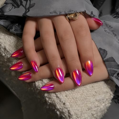 Chrome Hot Pink Press on Nails Short Almond, Glitter Cat Eye almond hot pink