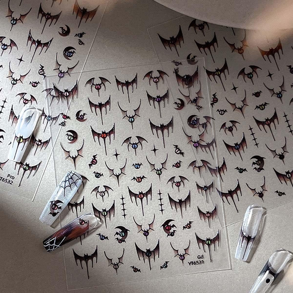 1 Sheet Halloween Nail Stickers 5D Bat Nail Decals Embossed Self-Adhesive Nai…