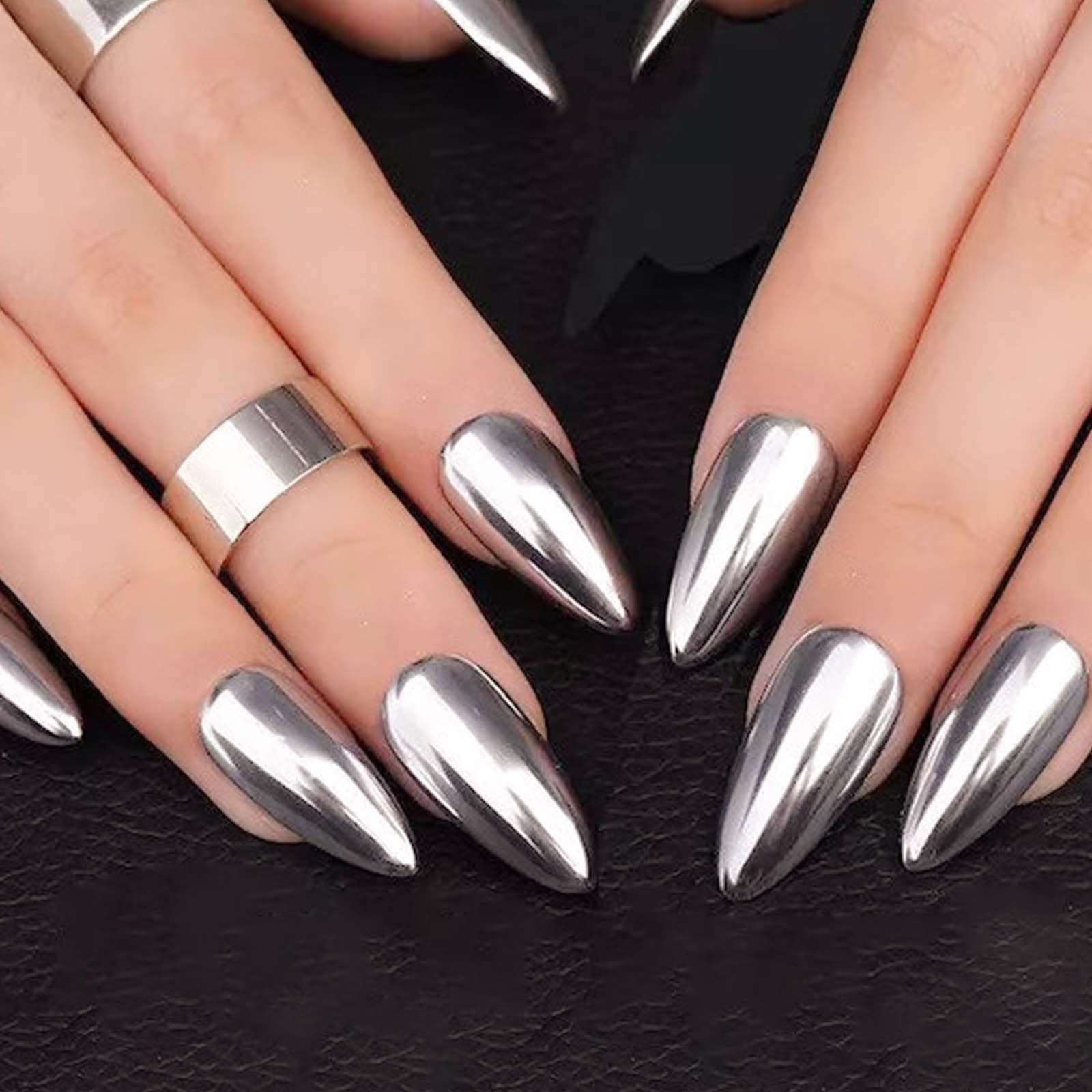 Silver Chrome Press on Nails Almond Fake with Medium Medium,
