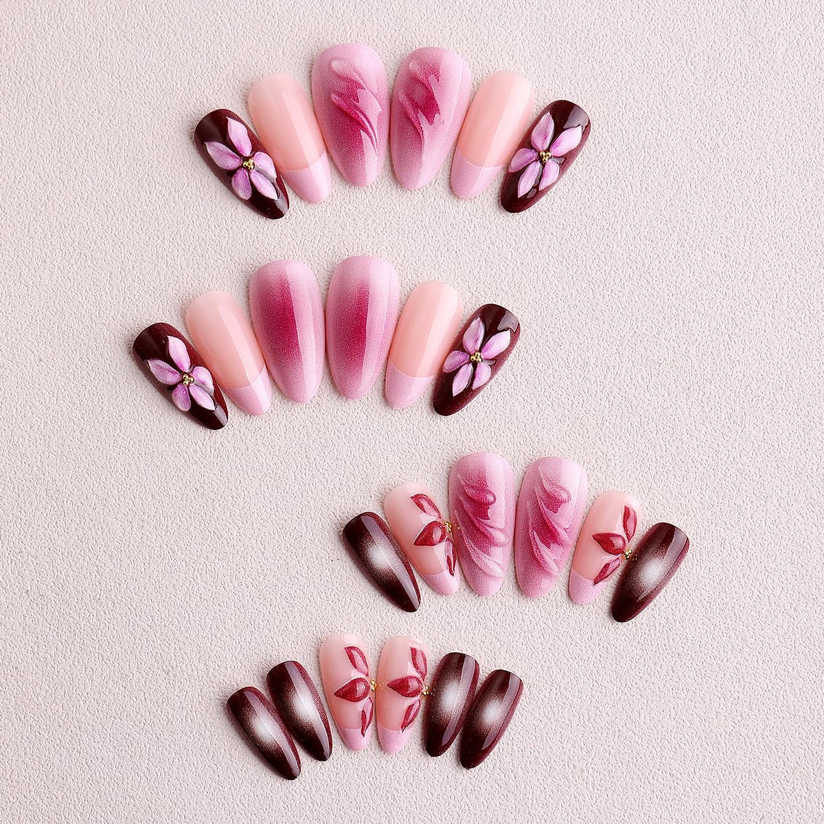 Medium Almond Press on Nails Pink Fake Flowers False Embossed Artificial Stick o