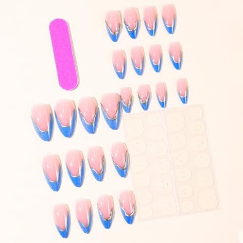 Blue French Tip Press on Nails Medium Almond Cat Eyes with Style-01