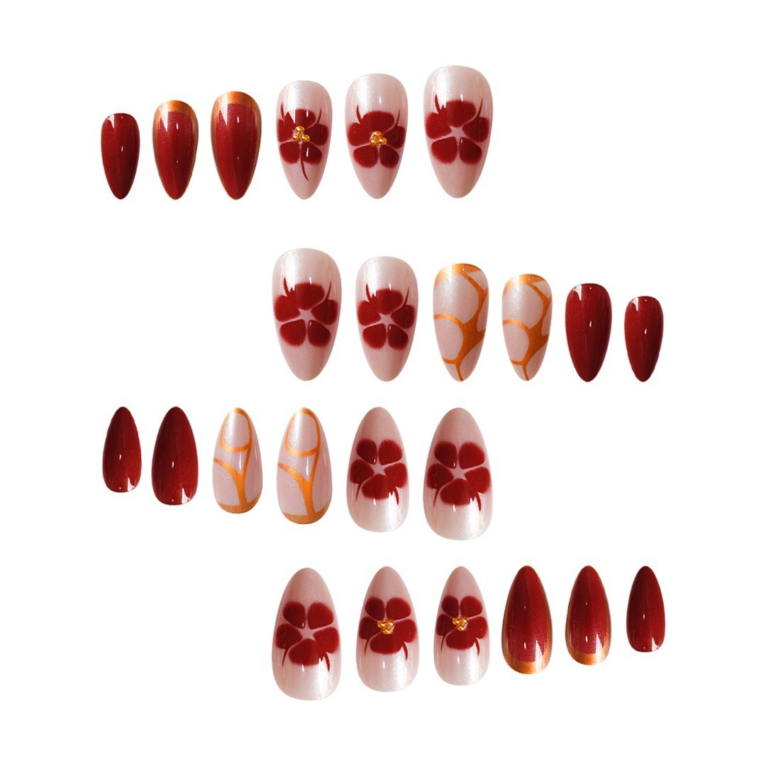 Red Gold Gradient Metallic Floral Line Nails INS Style Press On Nails Wholesale