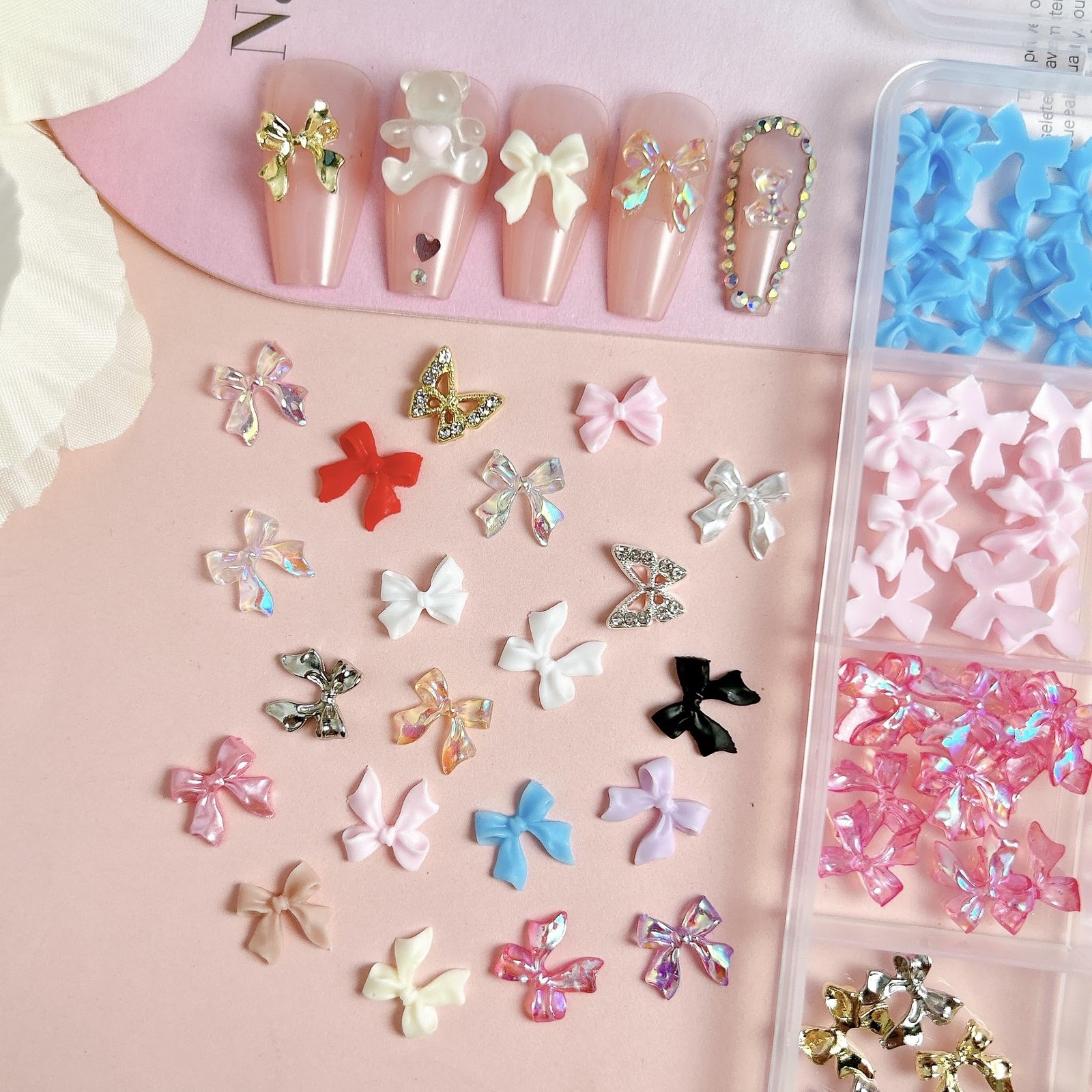 Bow Nail Charms and Gems Kit, 3D Color Kawaii Bow Nail Art Charms Gold Hollow…