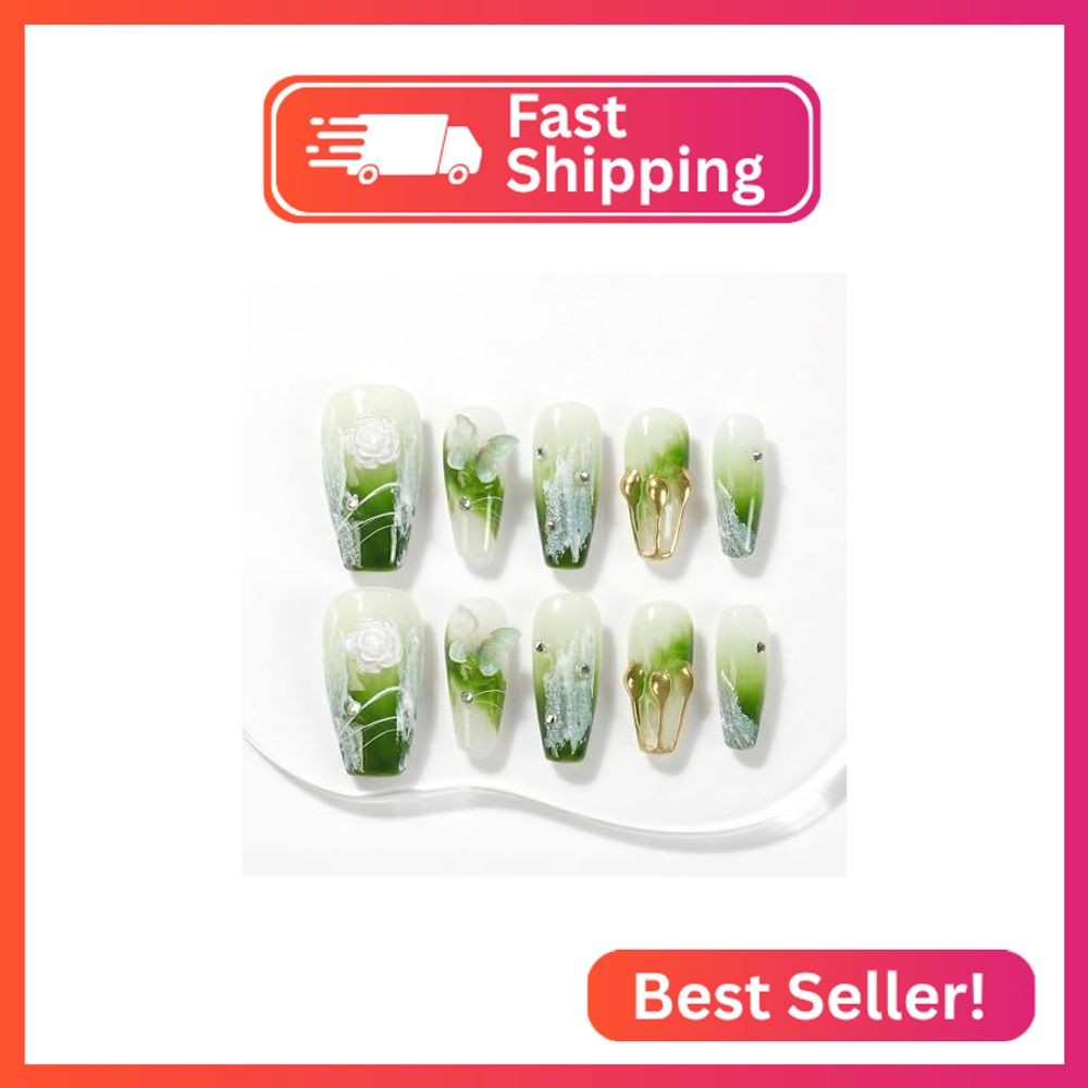 Sun&Beam Nails Handmade Press On Nail Medium Long Coffin Ballerina Green Flower