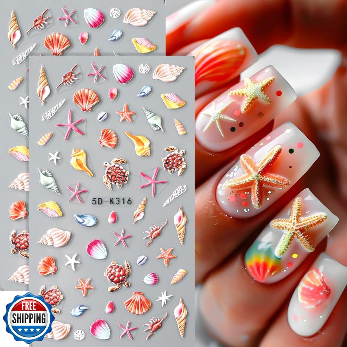 2pcs Summer Nail Stickers Starfish Seashell Turtle 5D Acrylic Engraved Nail D