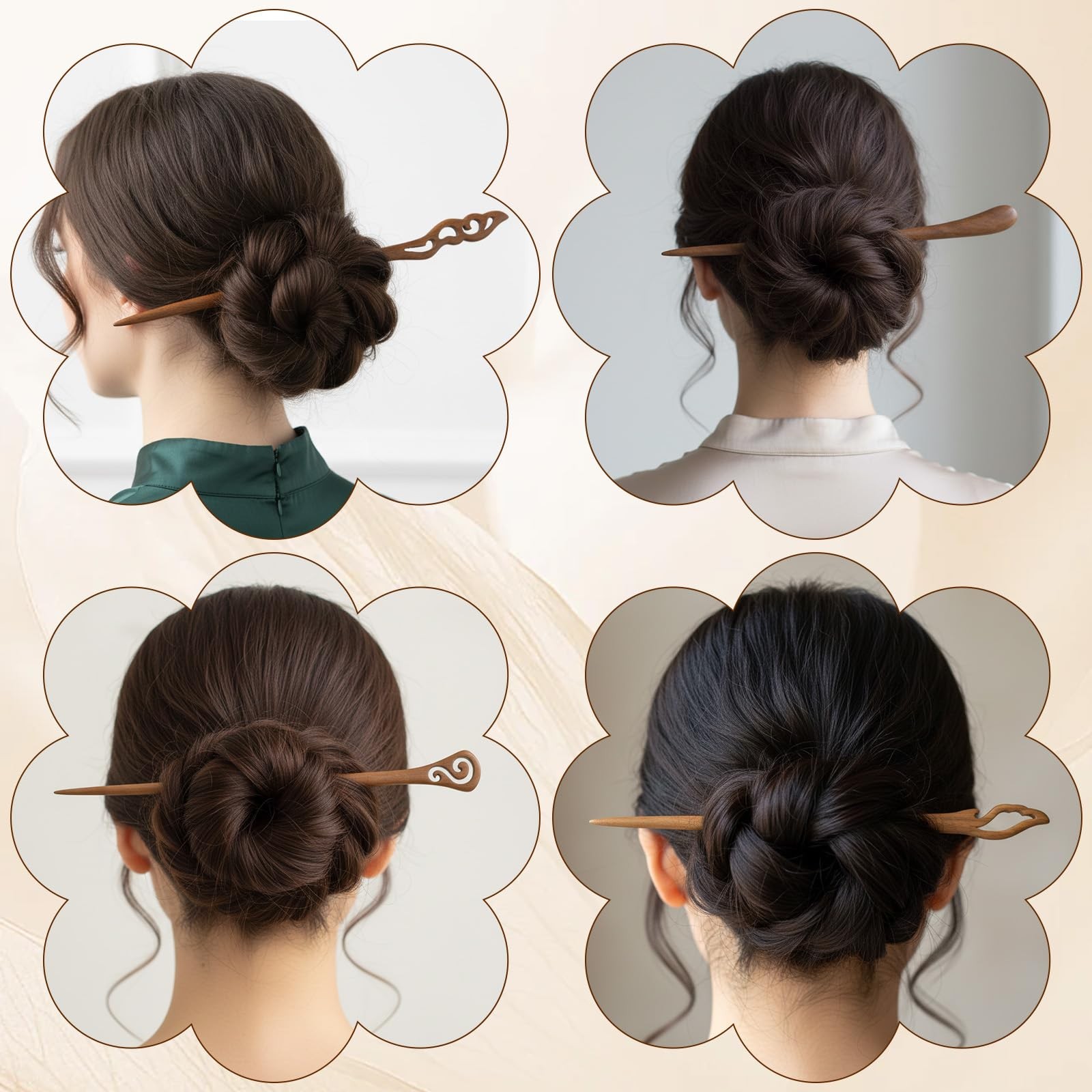 4 Pcs Wooden Hair Sticks for Women, Hanfu Pins 1 Count (Pack of 4), Brown