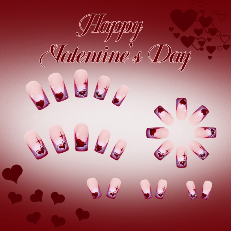 Middle Length Glossy Fake Nail Valentine Wine Red Heart Design Press On Nail
