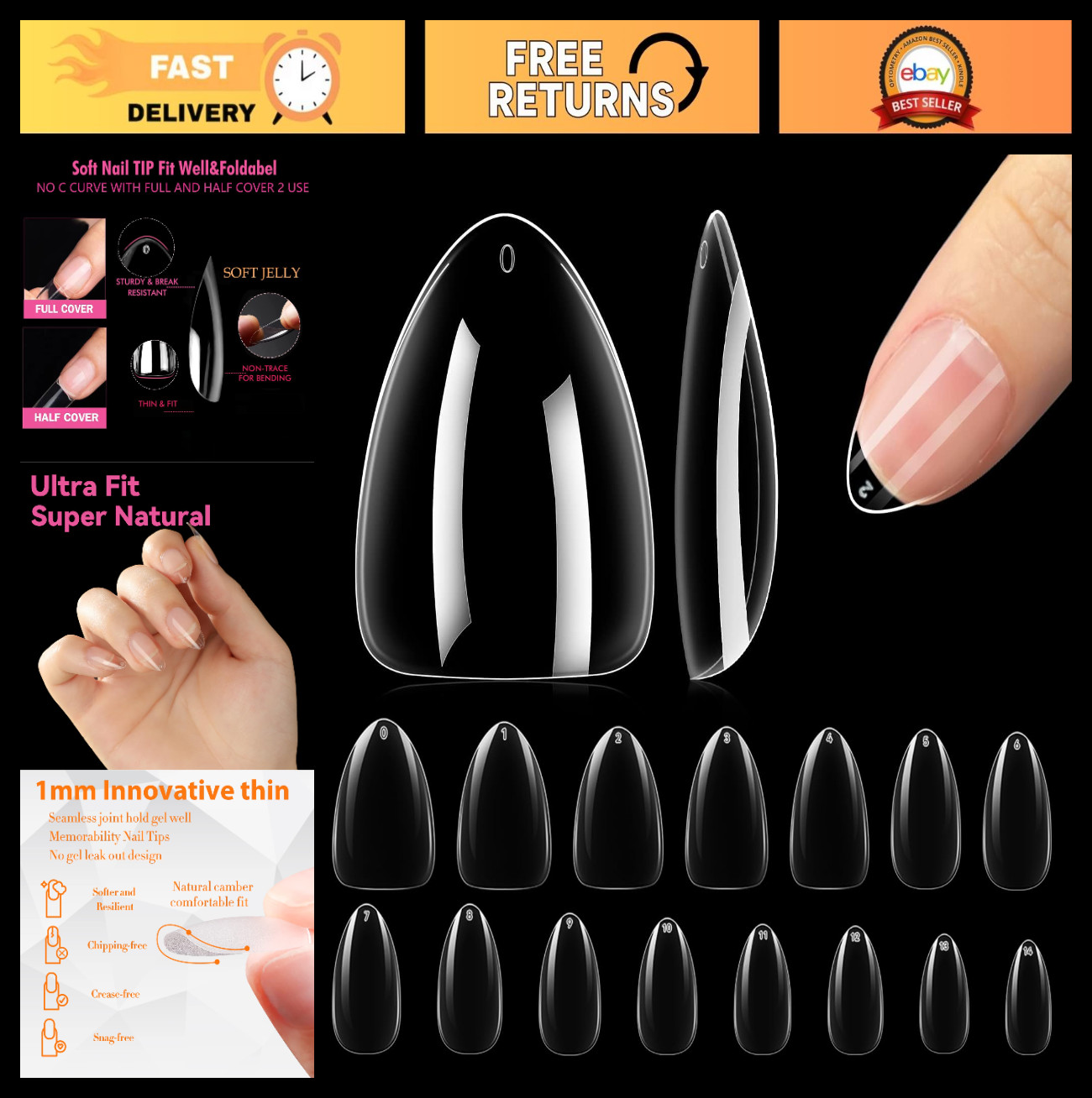 360pcs Short Almond Gel Nail Tips – Clear Press-On Nails, 15 Sizes, DIY Salon Qu