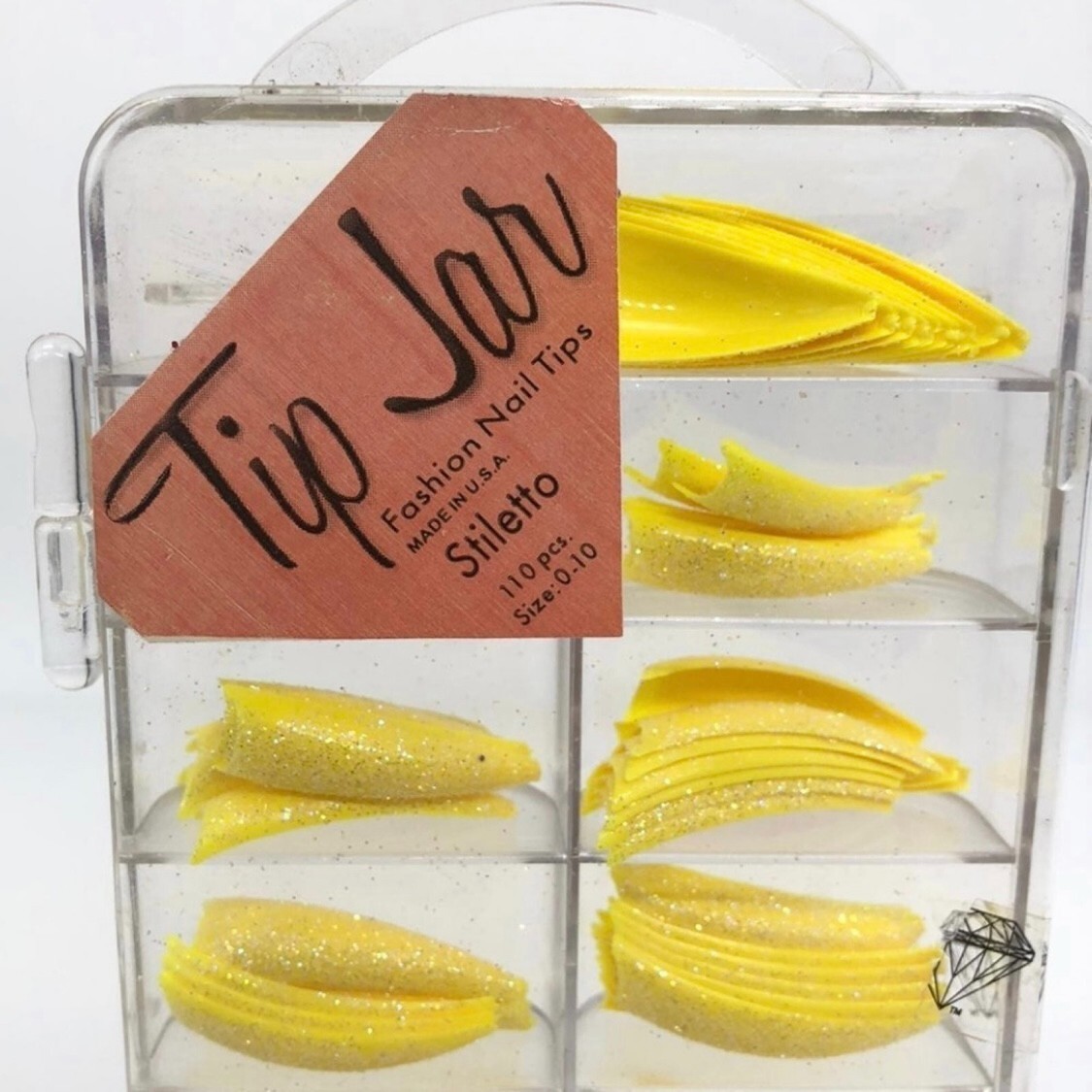 Brand New Tip Jar Fake Nail Tips – Yellow Stiletto with Glitter (#239)