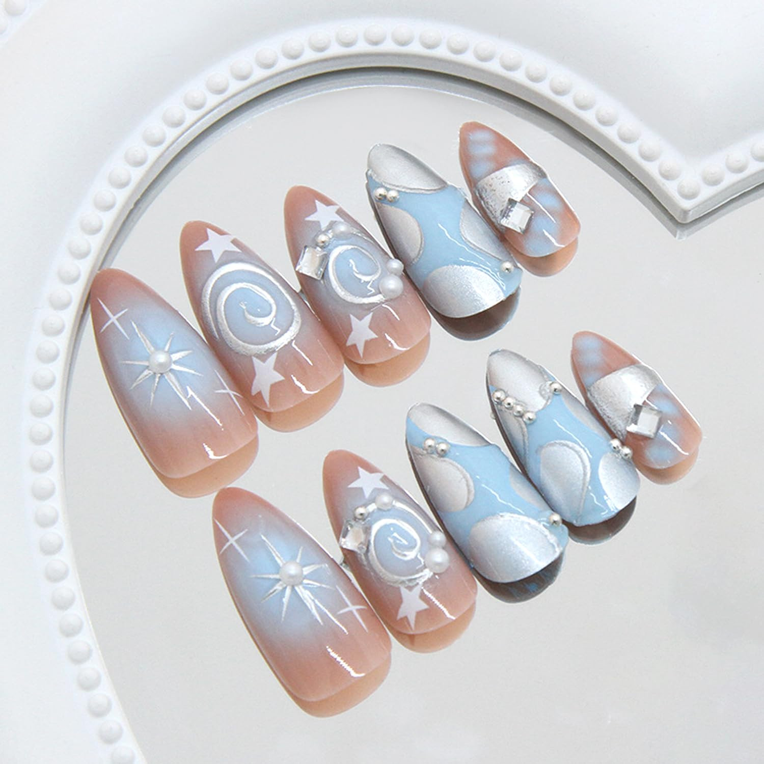 24Pcs Almond Press on Nails Medium Fake Nails with Silver Star Irregular Lines P