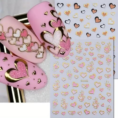 6Sheets Valentines Nail Art Stickers Gold Heart Nail Decals 3D lovely heart