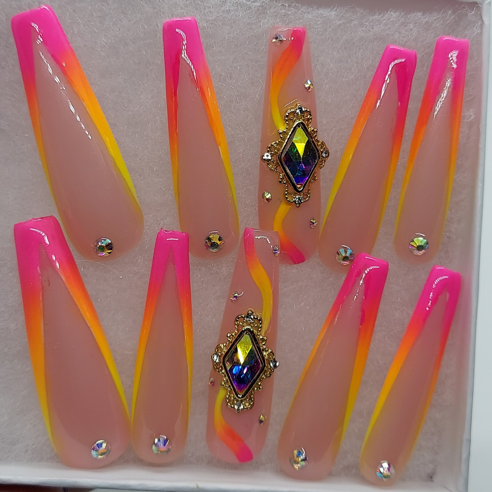 Tropical Nude Ombre Sunset Vacation Orange Pink Rhinestone Press on Nails