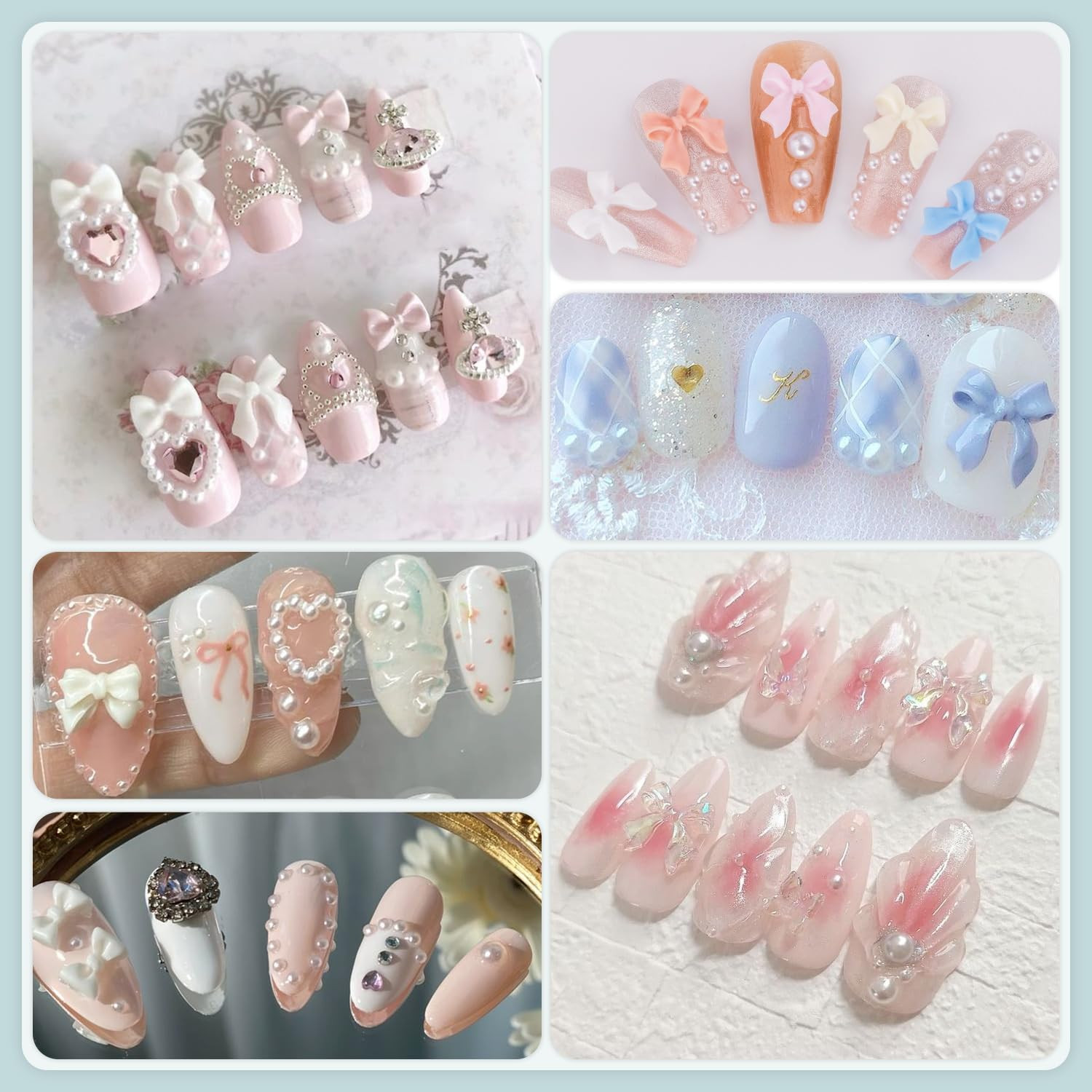 600 Pcs 3D Nail Charms and Flatback Pearls Set 1, 8 Colors Nail Bow Charms + Pin