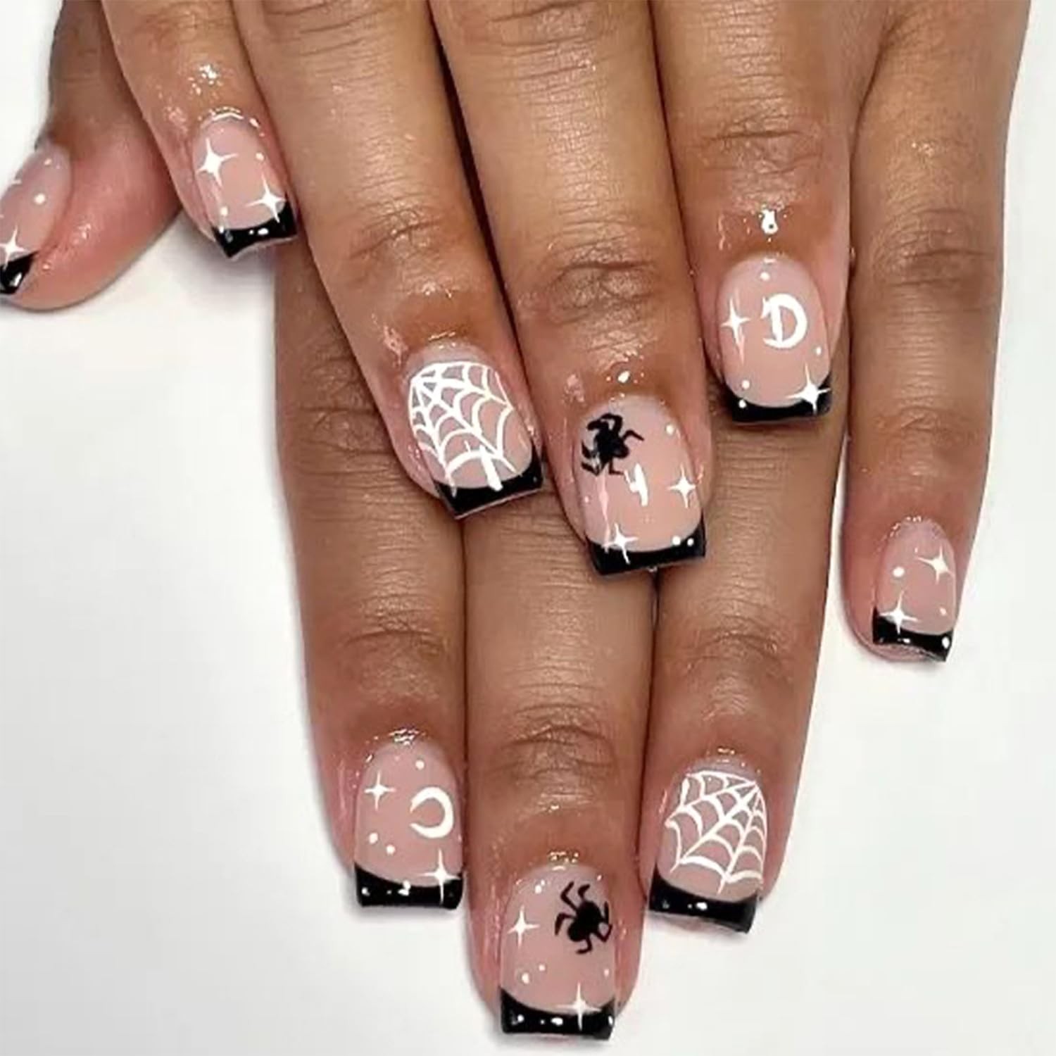 Short Square Halloween Press on Nails Black French Tip Fake Nails Glossy Spid…