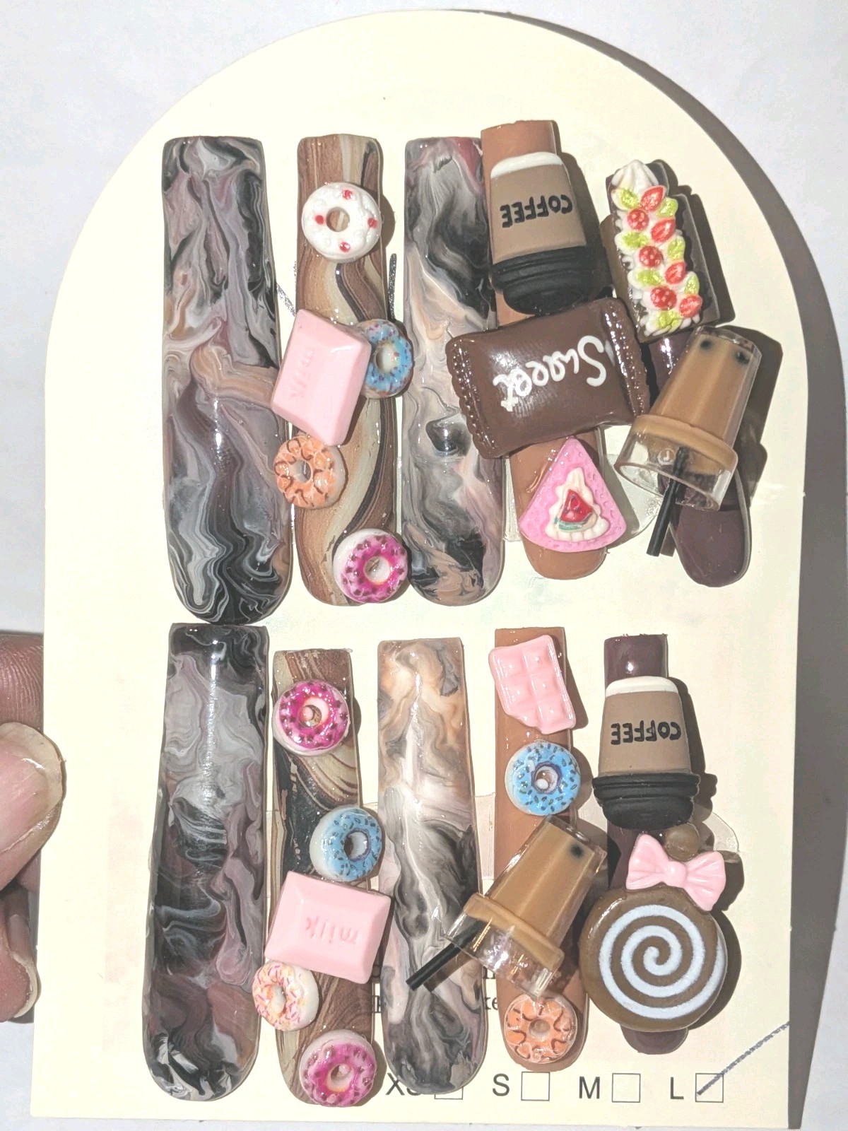 Hand Crafted 3Xl Java Marble Brown & Pink 3D Dessert Press-On Nails Sz Large