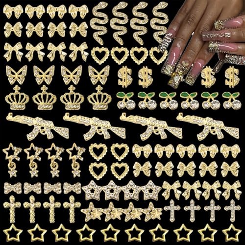 KINGNAME 106Pcs 3D Gold Nail Charms, Luxury Bling Snake Bow Butterfly snake