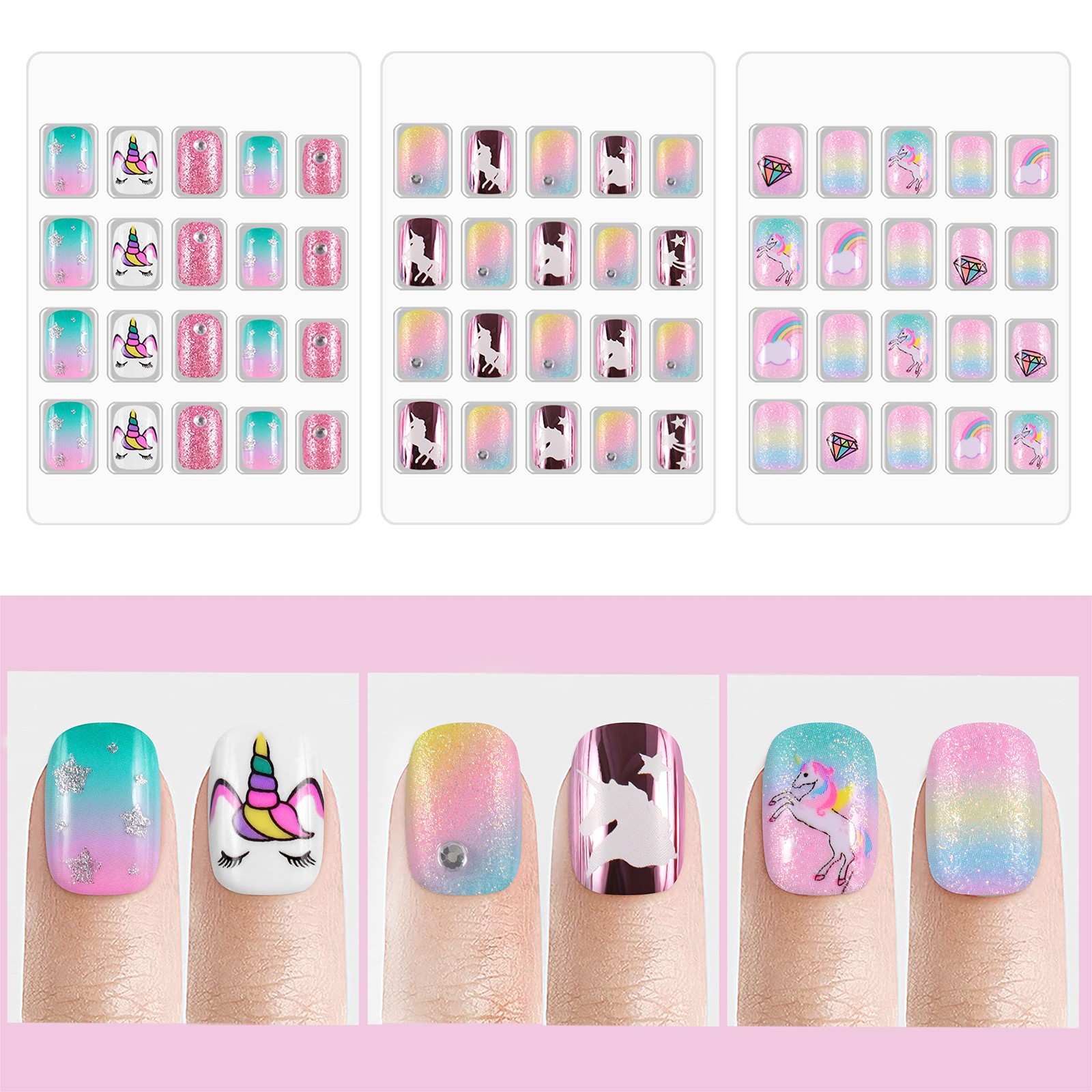 Laza Kids Press On Nails Pink Green Unicorn Glitter 60pc