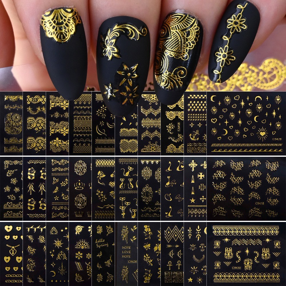 10 Sheets Nail Art Stickers Gold Lace Moon Star French Line Geometric Slider C94