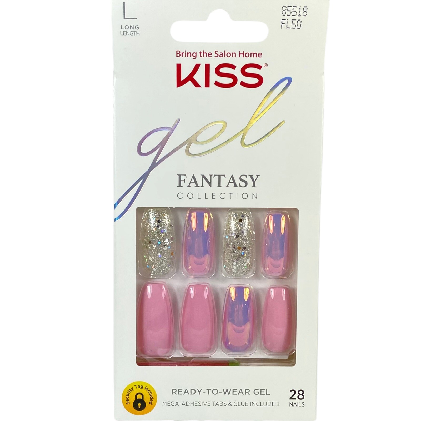 NEW Kiss Nails Gel Fantasy Press Glue Manicure Long Gel Coffin Pink Holo Silver