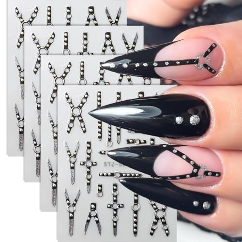 4 Sheets Black Punk Belt Nail Stickers Decals Goth Nail Charms 5D Embossed