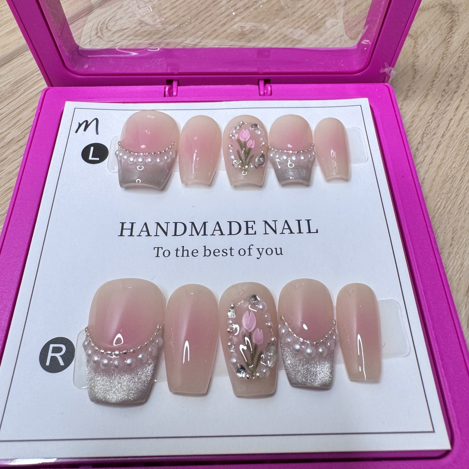 Handmade Hard Gel Press on Nail Art Kit Sz S Square French Jewel Pearl Resin
