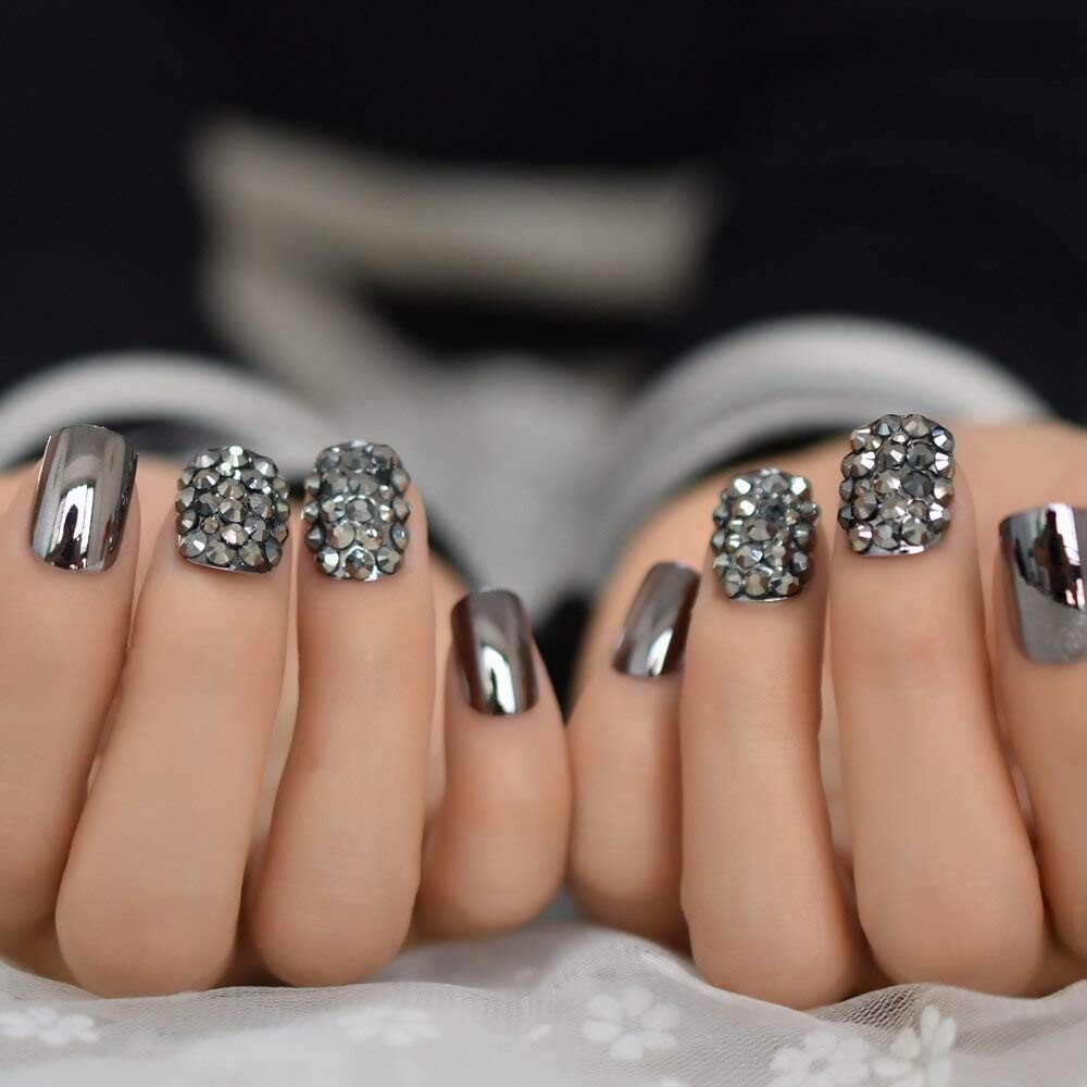 Punk Dark Gray Metallic Mirror French Nail Tips with Glue Stickers