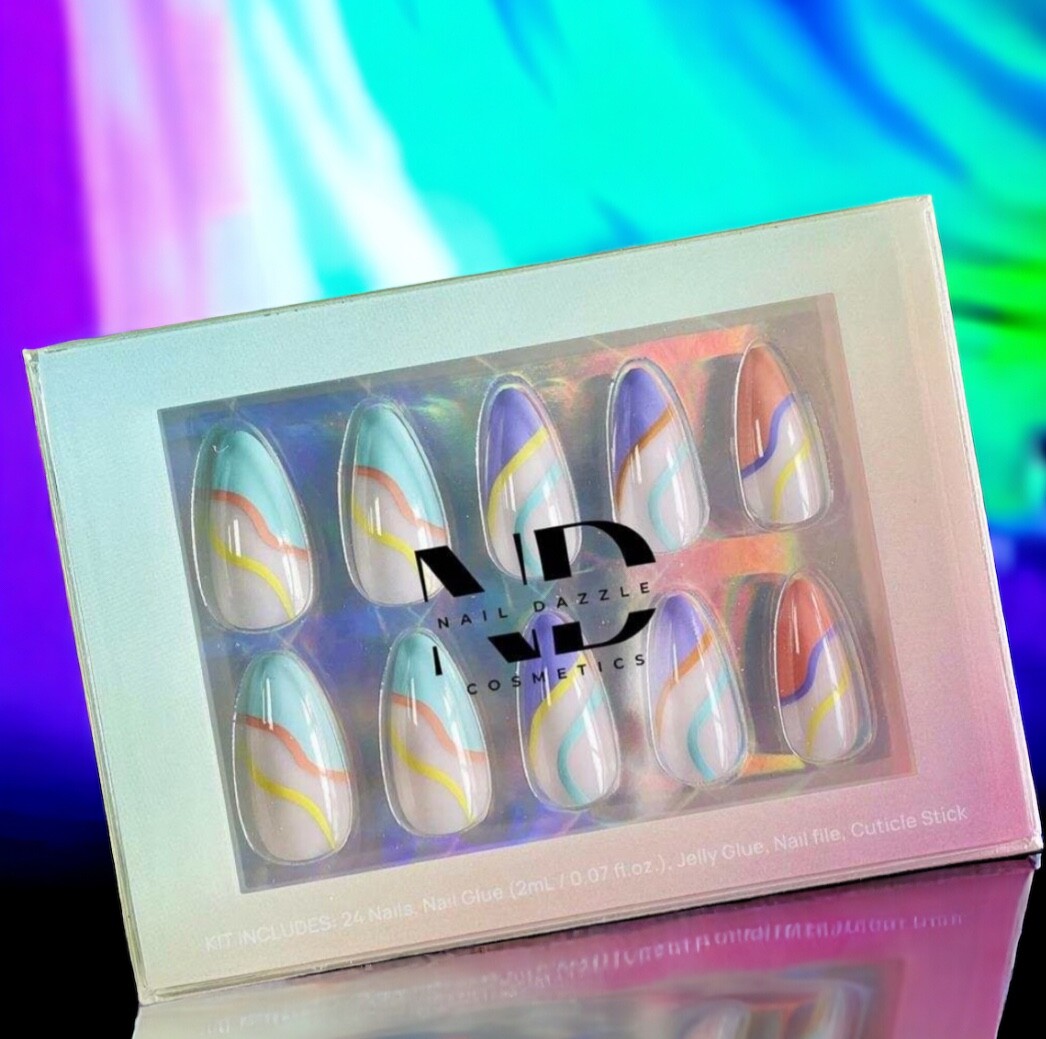 24 pcs Blue & White Swirl/Tip Press-on Nail Set / Medium Square