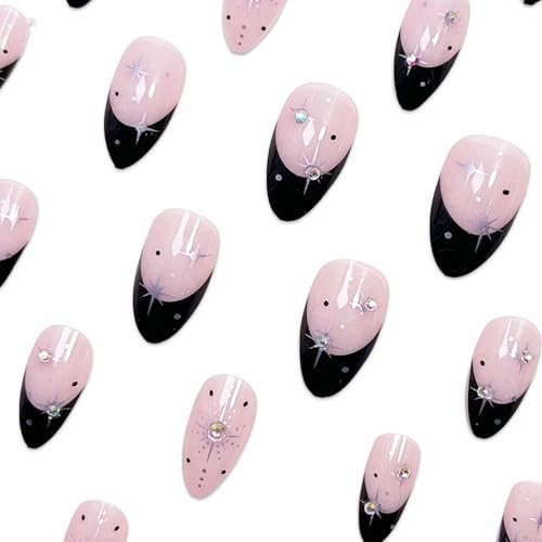 Press on Nails – Medium Almond Glue on Nails with Black French 03306-01Black