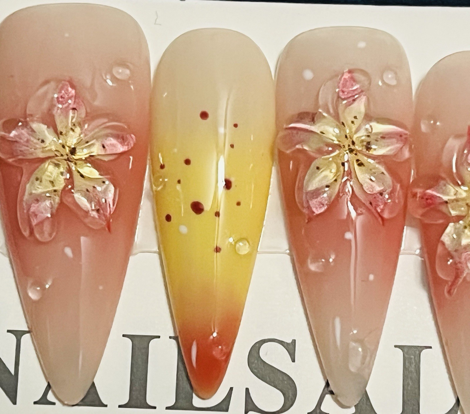 10 PCs Handmade Press On Nails Flower Long Almond Orange Pink Yellow Size L