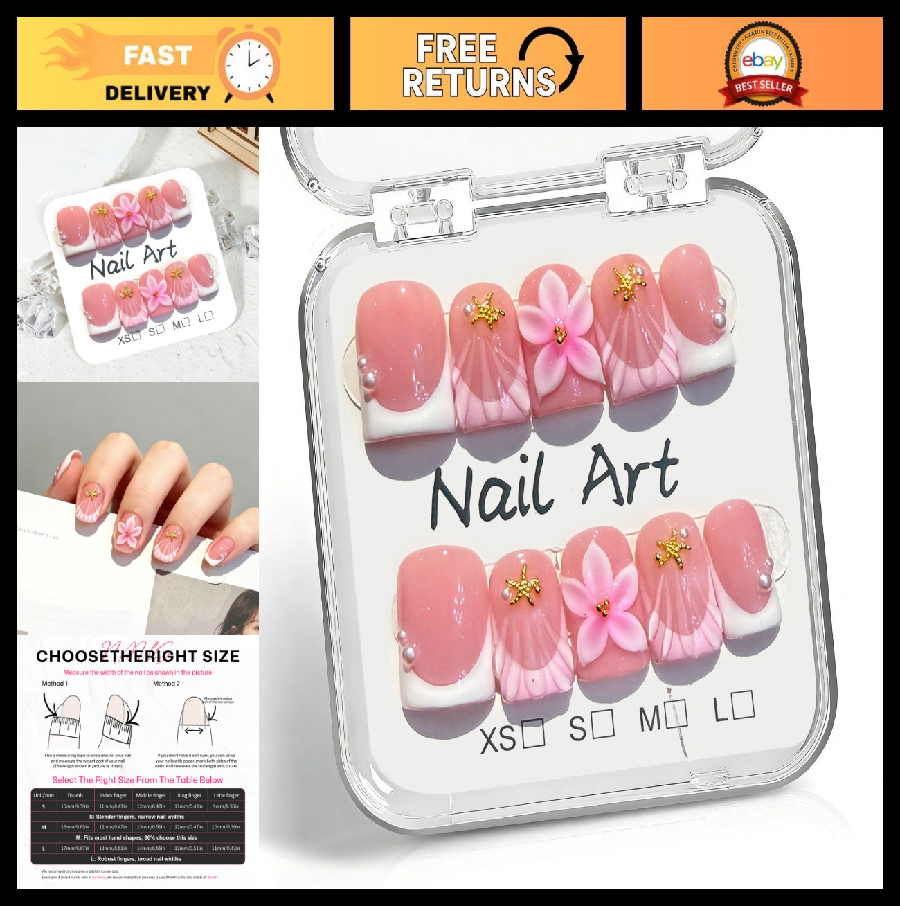 10 Pcs Pink Handmade Press-On Nails Short Square M Size 3D Flower Nail Art, Gift