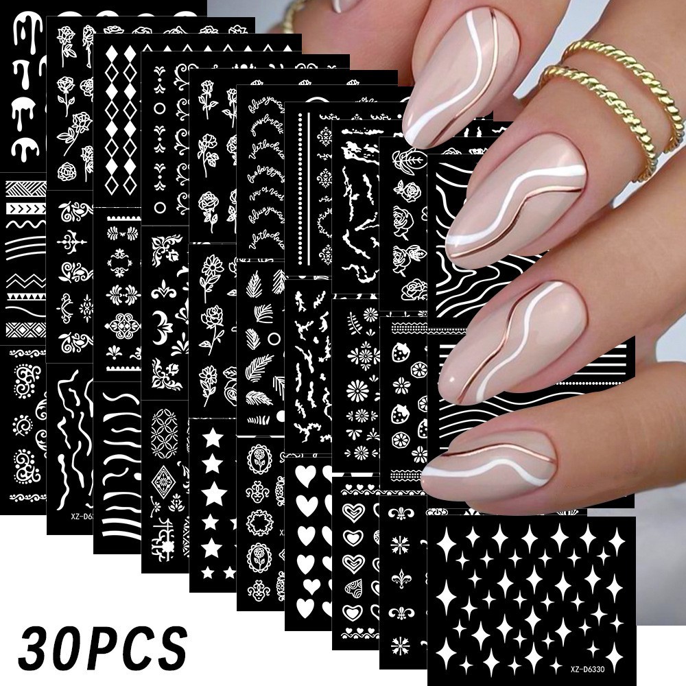 30Pcs Set Nail Art Stickers Decal Flower Lace Rose Heart Slider Manicure N363