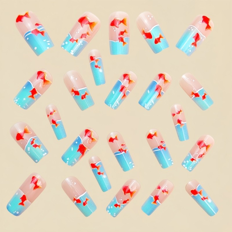 French Fake Nail Glossy Fish Design False Nail,Artificial Nail Glues on Nail