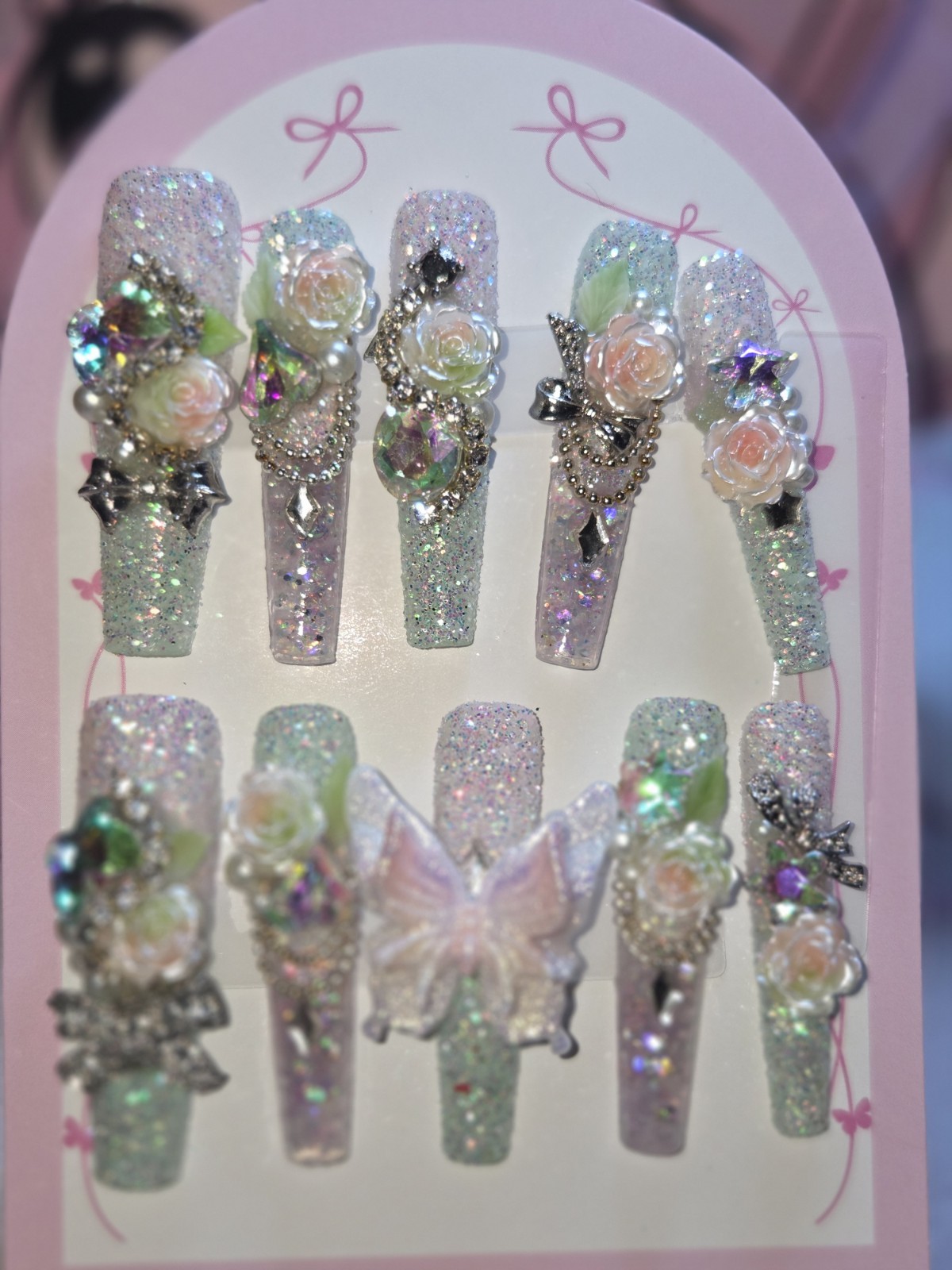 Press-On Nails Medium Xlong Coffin Pink Green, Water Aqua Nails, GLOW N DARK