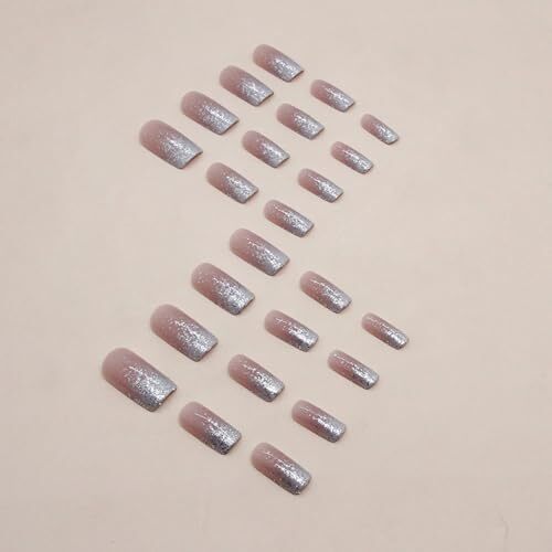 Square Press on Nails Short Medium Ombre White Glue on Nails with Bling