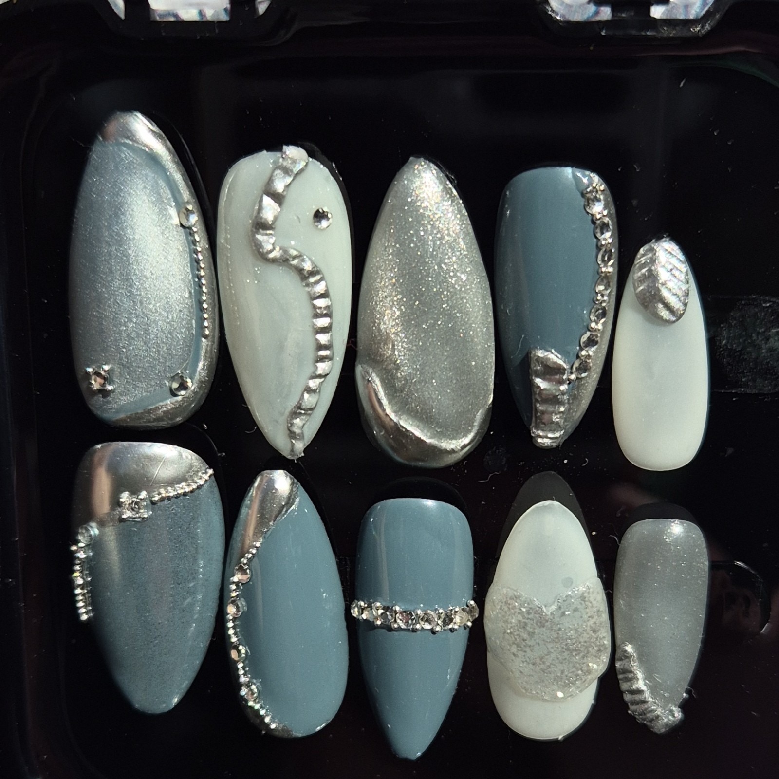 Nikki N Her Nails Silver Gray White 3D Glitter Almond Press-On Nails Pre-Design…