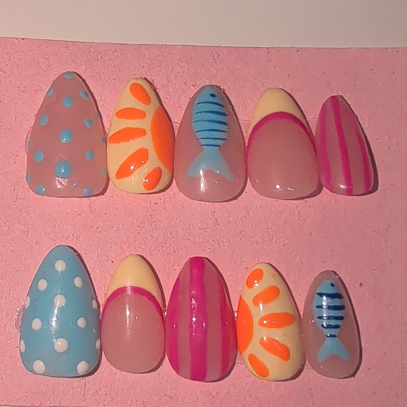 10 Piece Almond Press-On Medium, Fish Theme, Pink Blue Orange, With Prep & Glue