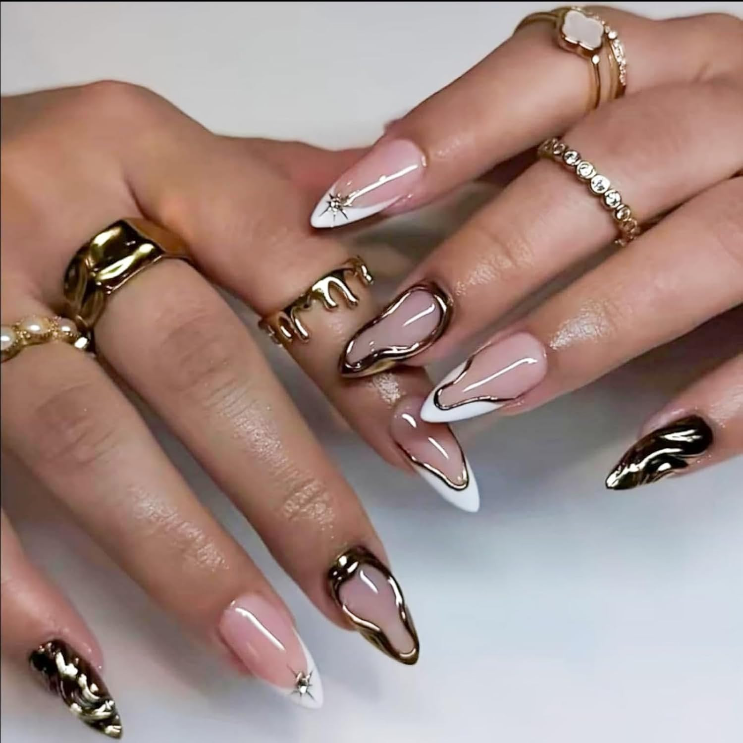 Medium Almond Press on Nails French Tips Nails Press on with 5D Star Charm Desig