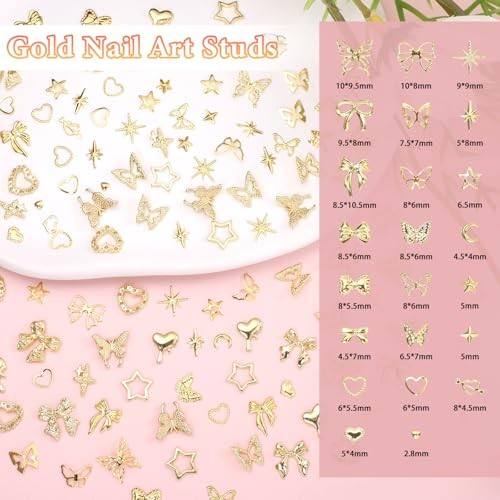 Gold Nail Charms, Butterfly Star Heart Bow Nail Golden Charms, Multi Shapes S1