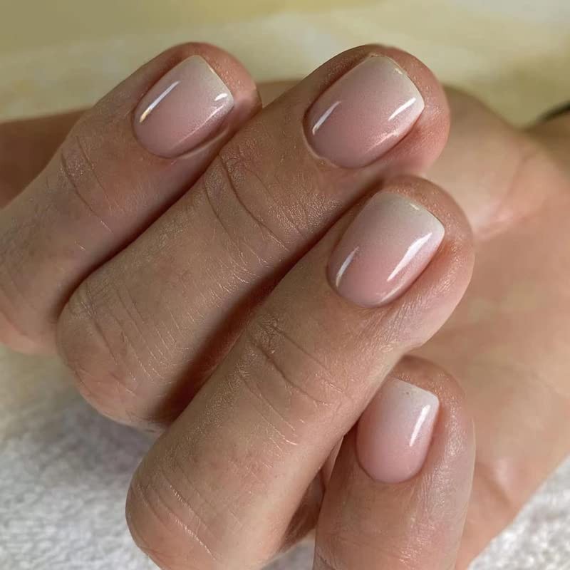 Gradient Short Press On Nails Square Chrome Acrylic Fake Nails for Women