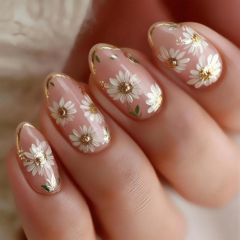 48pcs Short Oval Press on Nails, Nude Pink Gold Edge Daisy Sweet Daily Nails